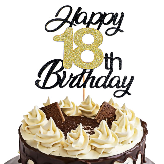 JIEYAO 18th Happy Birthday Cake Toppers, Black Gold Glitter Cake Decorations Happy 18th Birthday Cake Topper for Girls Boys Birthday Themed Party