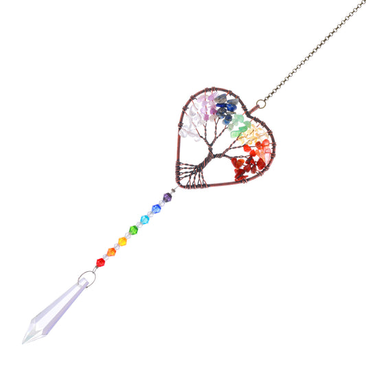 HJZHII Crystal Heart Shaped Sun Catcher, 7 Chakras Hanging Ornament Crystal Tree of Life Accessories Chakra Stones Pendant for Home Car Garden Windows Decor Gift