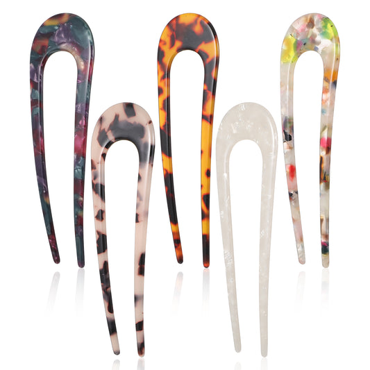 LXUEJIE 5 Pcs French Hair Pins, U-Shaped Acetate Chignon Pin French Twist Hair Pin Fork Updo Chignon HairPins Tortoise Shell U Shaped 2 Prong Hairs Sticks for Women Hairstyle Accessories