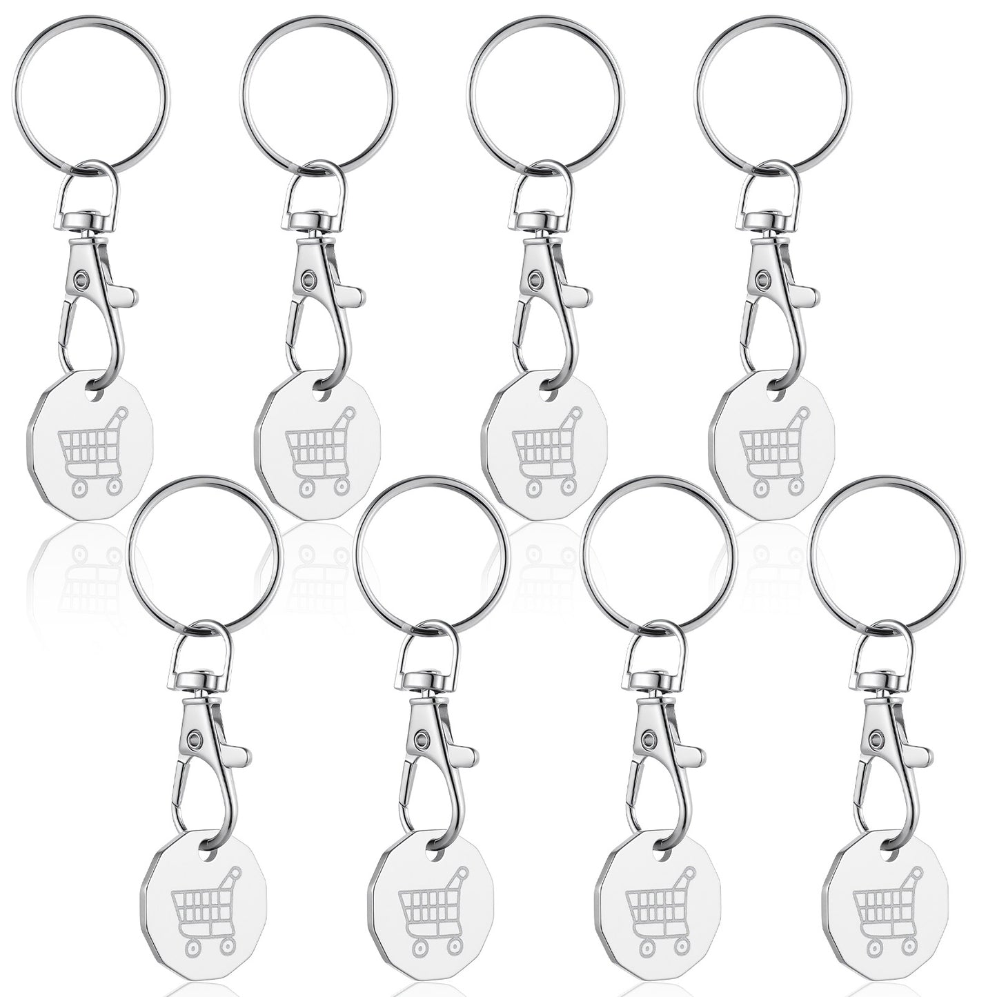 WJIAAA 8 Pcs Trolley Token UK, Stainless Steel Trolley Coin Keyring, 12-Sided Shopping Cart Key Clip for Supermarket Basket & Locker, Silver