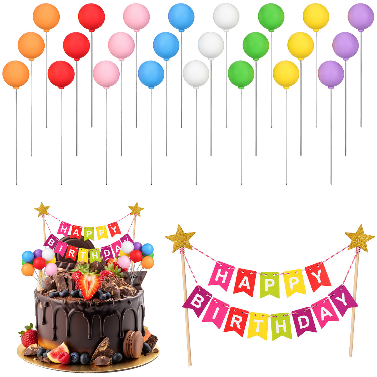 Cobee 24 Pcs Balloon Cake Toppers, Multicolor Foam Ball Cake Decorations