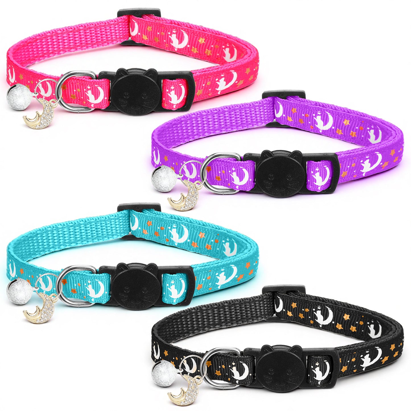 YUXMU 4 Pc Cat Collars with Bell, Breakaway Cat Collar Quick Release Kitten Collars with Bell Reflective Strip, Adjustable for Small Cats, Glow in Dark
