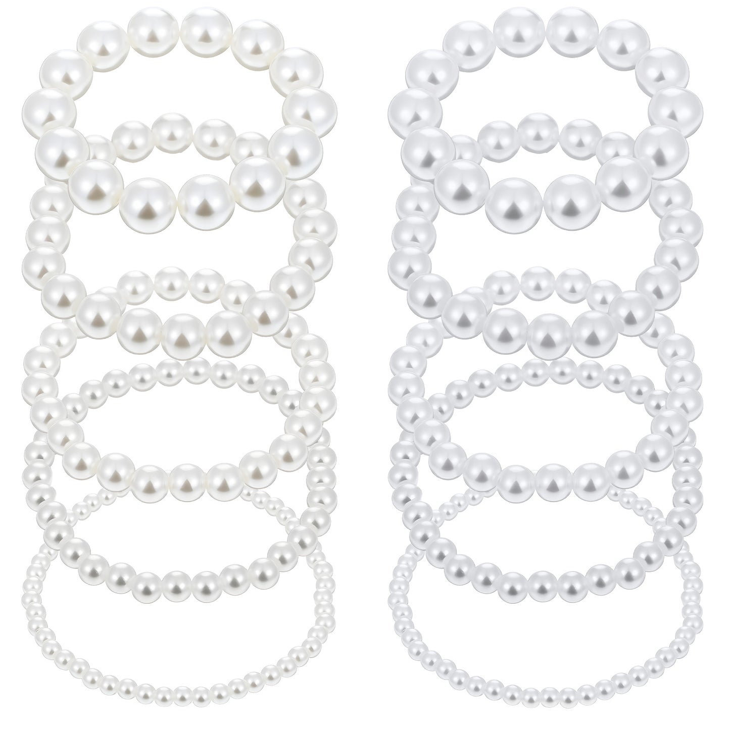 IANFAN 10 Pcs Pearl Bracelets, Stackable Elastic Stretch Pearl Bracelet for Women, 4/6/8/10/14mm Multi-Size ABS Faux Pearls, Wedding Bridal Party Jewelry for Bridesmaids & Prom, White
