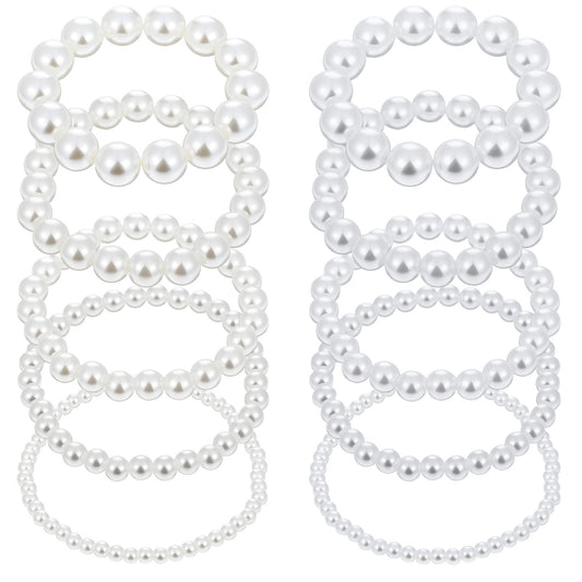 IANFAN 10 Pcs Pearl Bracelets, Stackable Elastic Stretch Pearl Bracelet for Women, 4/6/8/10/14mm Multi-Size ABS Faux Pearls, Wedding Bridal Party Jewelry for Bridesmaids & Prom, White