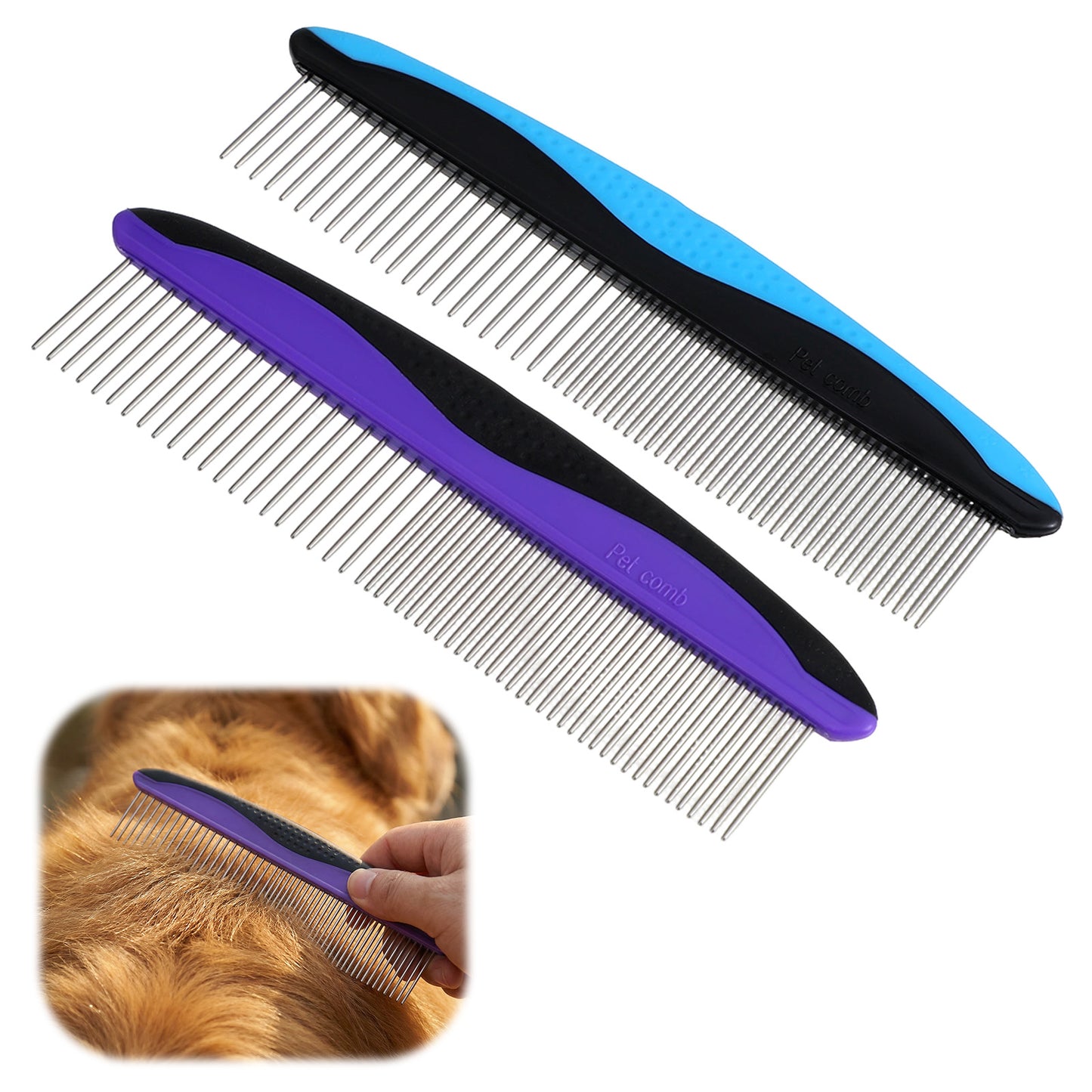 WJIAAA 2pcs Dog Comb & Cat Comb for Grooming, Stainless Steel Teeth and Rubber Non-Slip Handle for Removes Loose Undercoat,Knots,Mats,Tangled Hair for Large, Medium, Small Dogs and Cats Purple+Blue