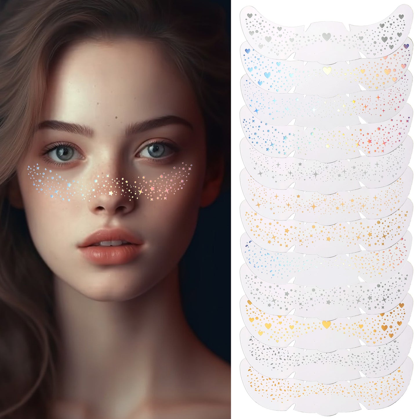 Yuanchu 12Pcs Face Glitter Freckles, Holographic Glitter Freckles Gold Silver Multichrome Face Stickers Waterproof Sweatproof Sparkle Freckle Makeup Patches For Halloween Mardi Gras Women Party