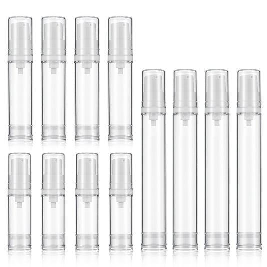 Molain 12 PCS Airless Pump Bottles Travel Set, 5ml 10ml 15ml Refillable Clear Travel Lotion Pump Containers Leak-Proof Portable Plastic Cosmetic Pump Bottles for Lotion Foundation DIY Creams