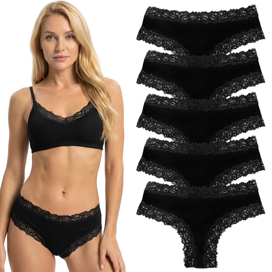 Cobee 5 Pcs Women Thong Underwear, Black Ladies Low Rise Panties Floral Lace Knickers Ladies Underwear(S:45-50kg)