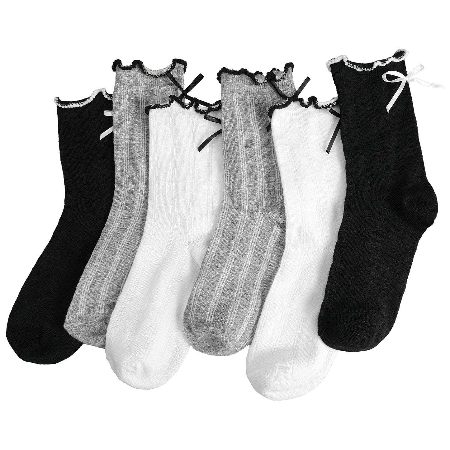 WJIAAA Womens Bow Socks,6 Pairs Ruffle Socks Women,Cute Black White Ruffle Casual Crew Sock Soft Breathable Cotton