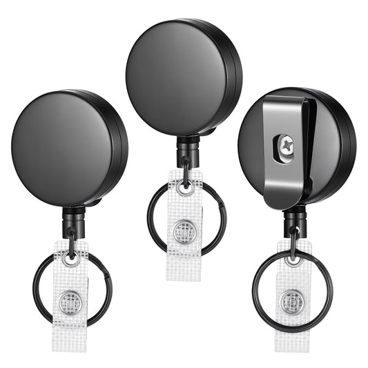 LXUEJIE 3 Pcs Retractable Badge Holder, Heavy Duty All Metal Retractable Badge Reel with Stainless Steel Spring Coil, 60 cm Nylon Rope, Belt Clip and Key Ring, Black