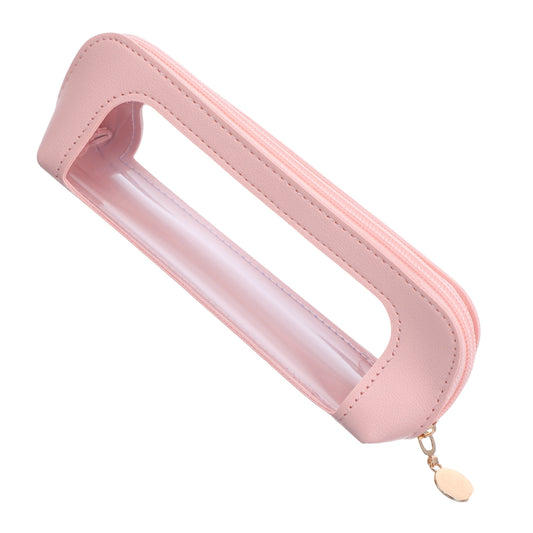 MBAIYO Small Clear Makeup Bag, PU Leather Travel Makeup Brush Case Portable Transparent Waterproof Cosmetic Organizer Pouch with Zipper for Women Home Office Essentials(Pink)