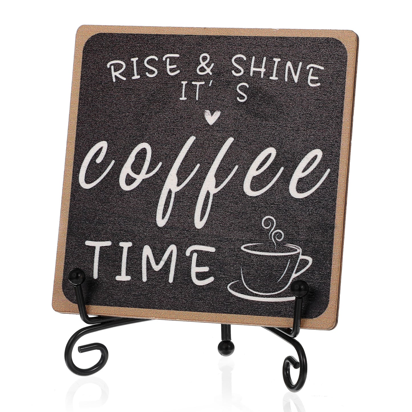 XLIUAX Coffee Bar Decor, Coffee Bar Accessories Sign for Bars Rise & Shine It's Coffees Time Decor Coffees Station Sign 4" x 4" Wood Plaque with Iron Stand Tabletop Shelf Accessories for Office Home
