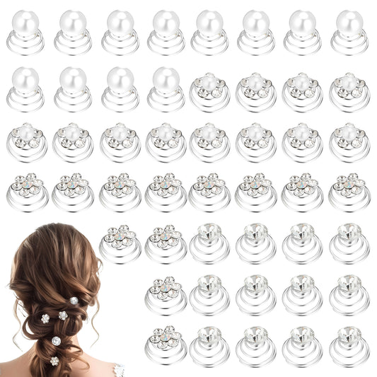 BOHUIZ 48 Pcs Rhinestone Spiral Hair Pins Gems Hair Clips 4 Styles Crystal Hair Pins Spiral Hair Gems, Swirl Diamond Pearl Hairpins Flower Sparkling Hair Accessories for Wedding, Brides, Party, Prom