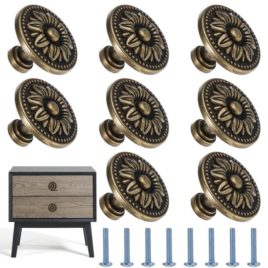 JJUNW 8 Pcs Pull Handle Metal Flower Shape Cabinet Drawer Door Knob Bronze Tone, Vintage Flower Shape Cabinet Drawer Knobs, Flower Shape Antique Bronze Dresser Drawer Handles (Large)