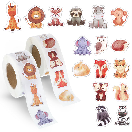LXUEJIE 1000 Pcs Animal Stickers for Kids, 2 Rolls Cute Sticker Round Reward Stickers Incentives Animal Sticker Roll for Scrapbook Journal Decor Wild Birthday Classroom Teacher Supplies
