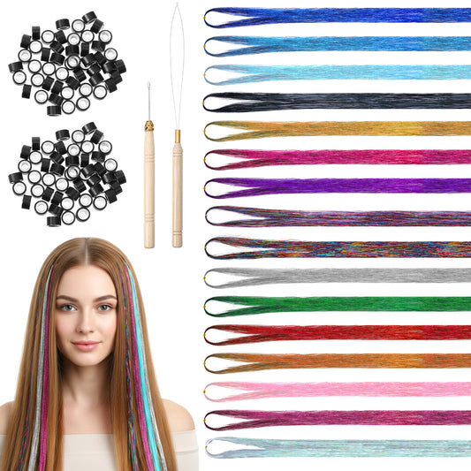cobee 16 Colors Hair Tinsel Kit, Glitter Hair Tinsel Extensions Kit Coloured HairExtensions Hairs Heat Resistant Fairy Hairs Accessories for Party Christmas Halloween Cosplay(48 Inch, 4800 strands)