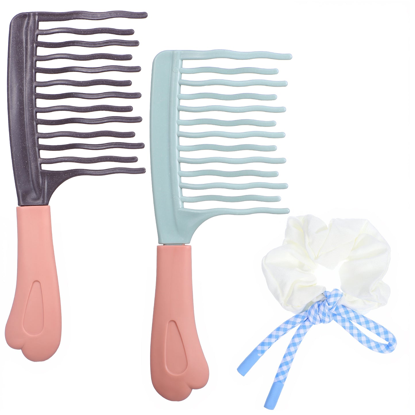 XLIUAX 2 Pcs Curly Hair Comb 1 Hair Tie, Comb for Curly Wide Tooth Combs Brush for Hairs Double-layer Wavy Tooth for Women Long Thick Dry Wet Detangler Hairs Travel for Women Ergonomic Handle