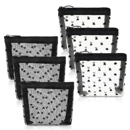 LXUEJIE 6 Pcs Mini Mesh Makeup Bags, Mesh Makeup Bag with Zipper Heart Print Meshes Storage Pouch Small Cosmetic Bag for Purse for Home Travel(Black, Apricot)