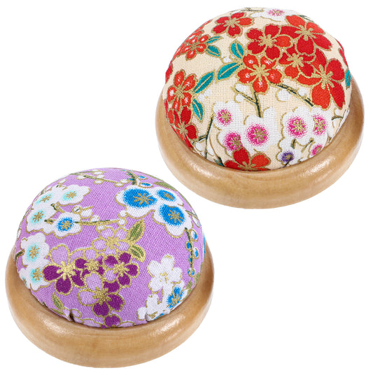 HJZHII 2 Packs Pin Cushions, Wooden Base Needle Pincushions Cute Sewing Pin Cushion Japanese Style Round Shaped Pin Cushion Floral Style Needle Holders Pincushion for Sewing Quilting DIY Crafts