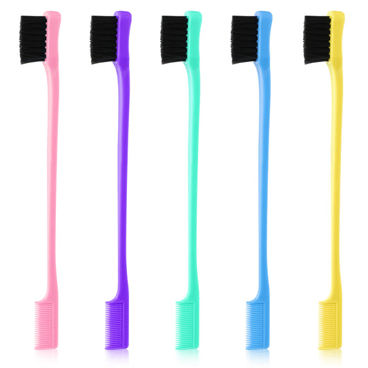 Molain Molain 5 Pcs Hair Edge Brush Double Sided Control Hair Brush Comb Combo Edge Control Brush Hair Set for Woman Smooth Comb Grooming Hair Styling Edge Back Brushing, Colorful(Double Head)