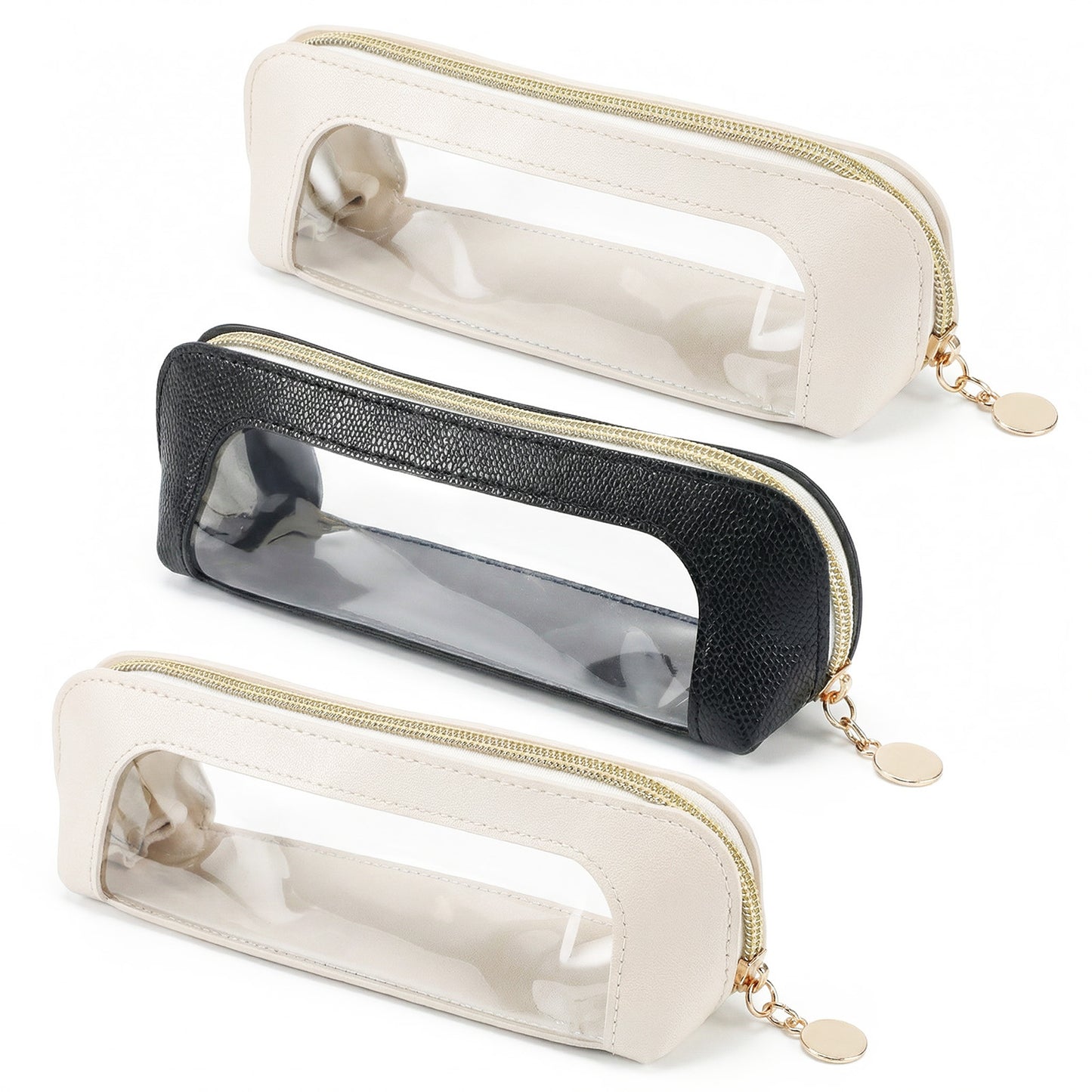JJUNW 3Pcs Clear Makeup Brush Bag, Portable Makeup Brush Bag, Double Sided Clear Toiletry Bag Make-up Brush Bags with Zipper for Women Travel Storage(Beige+Black)