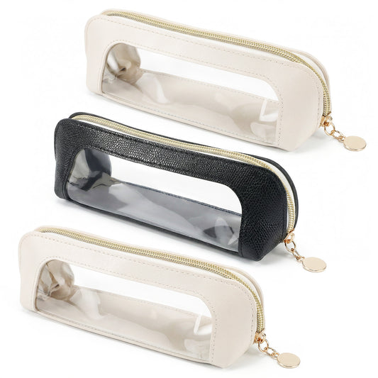JJUNW 3Pcs Clear Makeup Brush Bag, Portable Makeup Brush Bag, Double Sided Clear Toiletry Bag Make-up Brush Bags with Zipper for Women Travel Storage(Beige+Black)