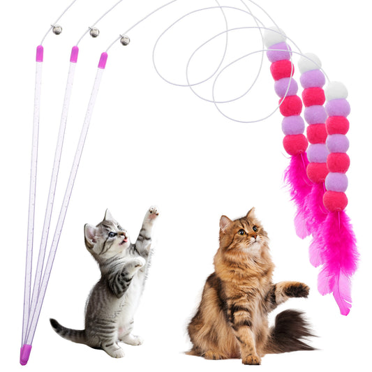 Cobee 3Pcs Cat Feather Toys, Interactive Kitten Wand Toy with Bell Pompom for Indoor Cats Kittens Exercise Play