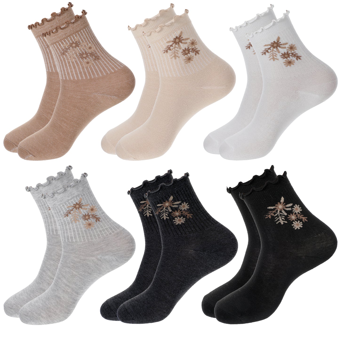 Molain 6 Pack Womens Socks, Ruffle Turn-Cuff Casual Ankle Socks Breathable Cool Knit Cotton Lettuce Crew Frilly Sock
