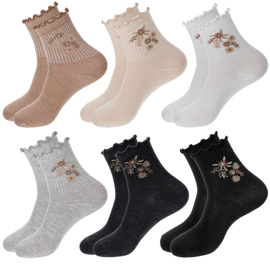Molain 6 Pack Womens Socks, Ruffle Turn-Cuff Casual Ankle Socks Breathable Cool Knit Cotton Lettuce Crew Frilly Sock