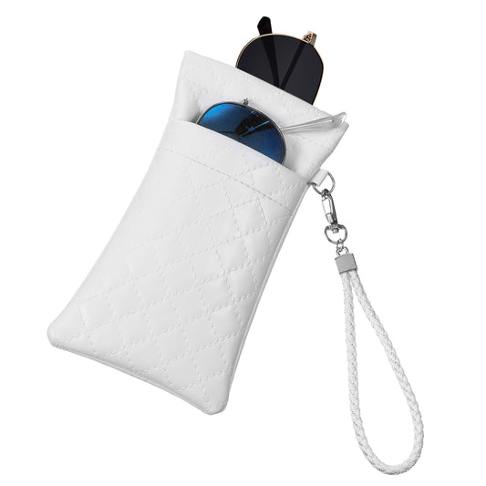 HJZHII Double Glasses Cases, Soft Eyeglass Case Squeeze Top Sunglass Pouch with Wrist Strap PU Leather Pouches for Men Women, White