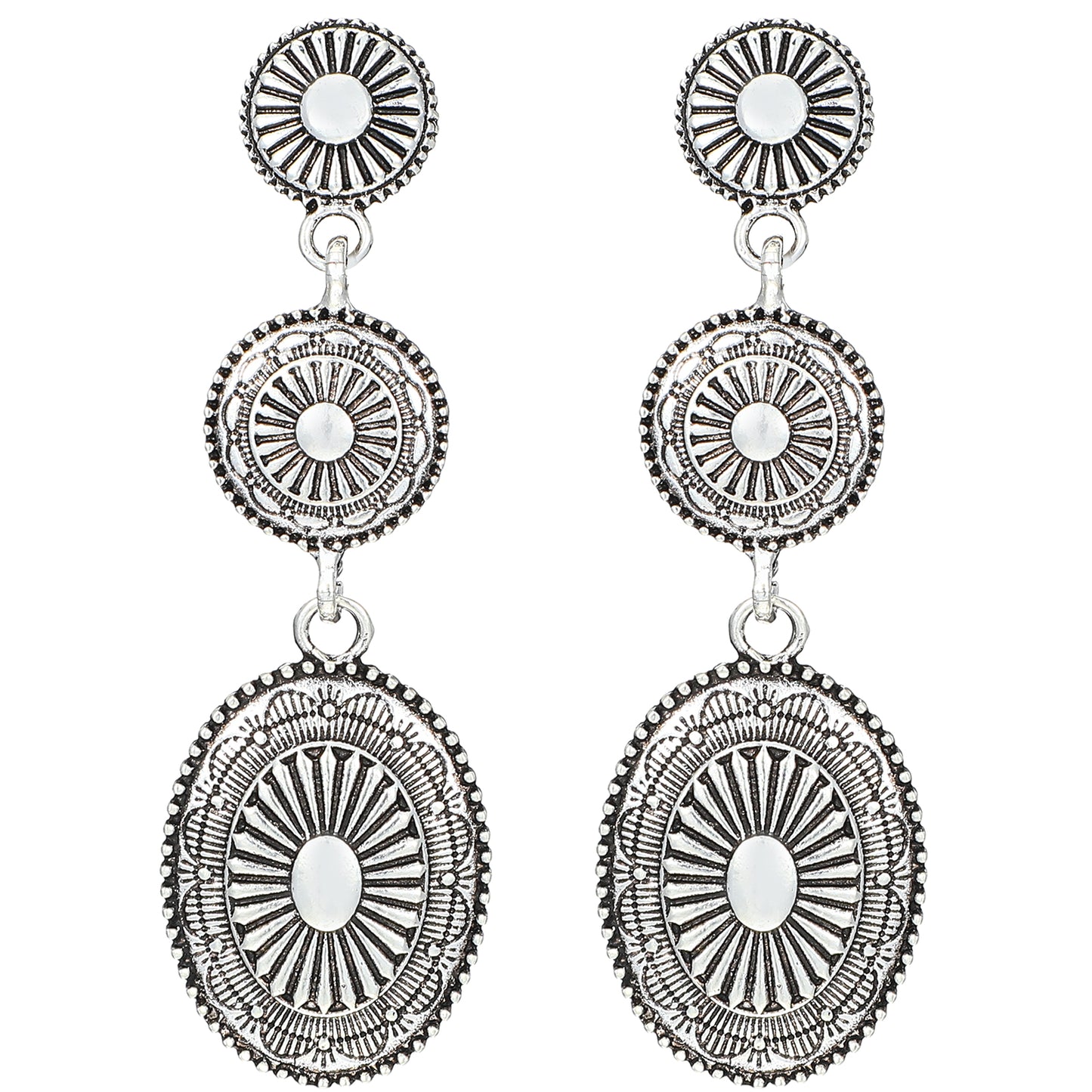 HJZHII Western Earrings Jewelry, 2 Pcs Vintage Concho Earring for Women Cowgirl Western Jewelry Drop Earrings Oval Dangle Earrings Rodeo Country Concert Outfits for Party Anniversary, Silver
