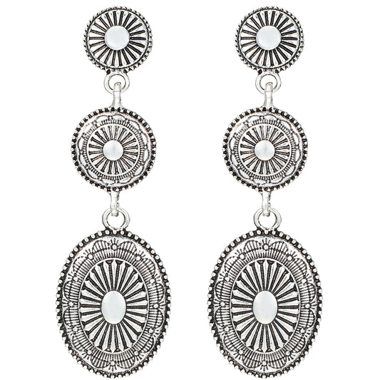 HJZHII Western Earrings Jewelry, 2 Pcs Vintage Concho Earring for Women Cowgirl Western Jewelry Drop Earrings Oval Dangle Earrings Rodeo Country Concert Outfits for Party Anniversary, Silver