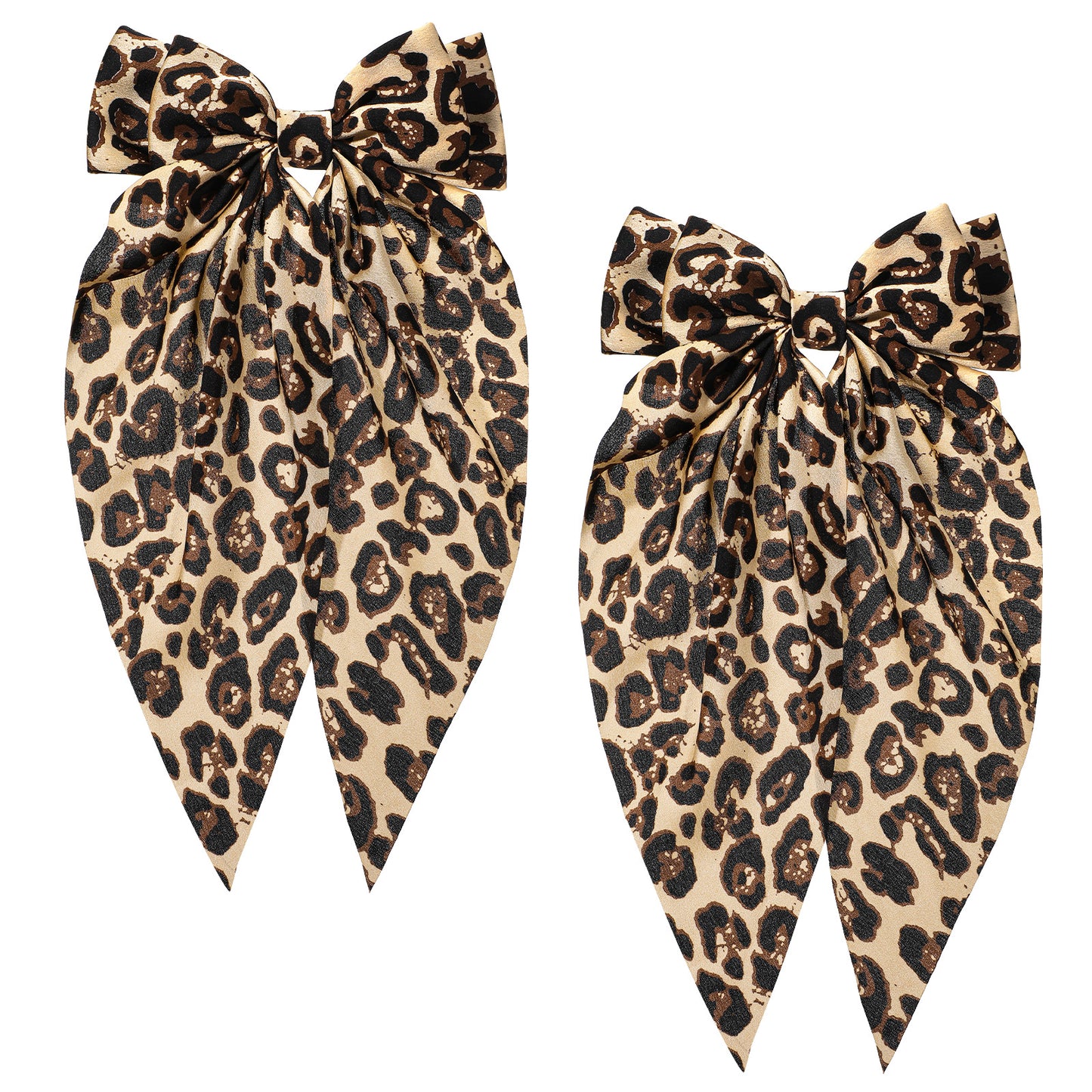 TIESOME 2 Pcs Leopard Print Headband, Oversized Cheetah Print Satin Hair Bows With Long Tail, Spring Snap Hair Clips For Women Girls, Ponytail Ribbon Barrette, Brown