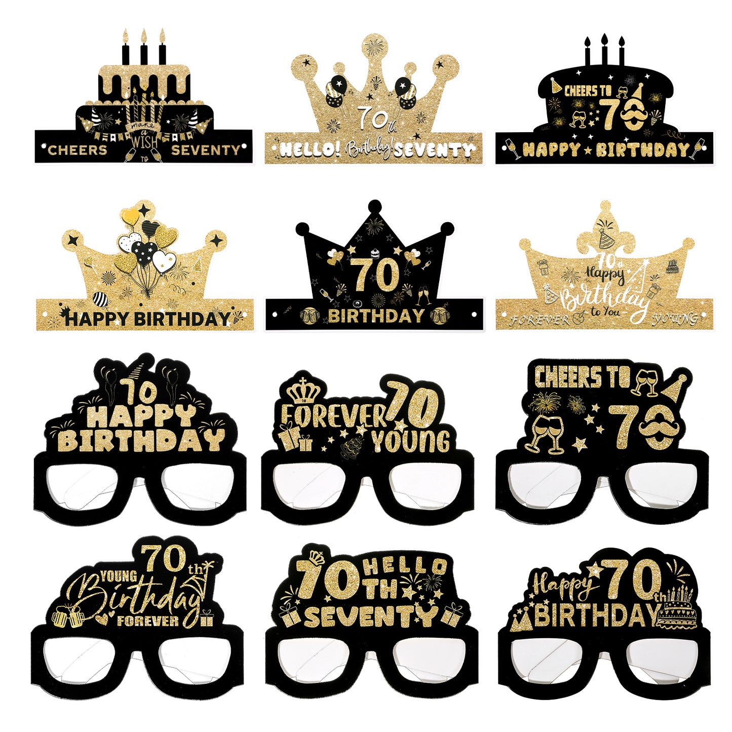 WJAAA 12PCS 70th Birthday Party Decorations, Black Gold Paper Glasses Hats, Funny Photo Booth Props for Memorable Celebrations