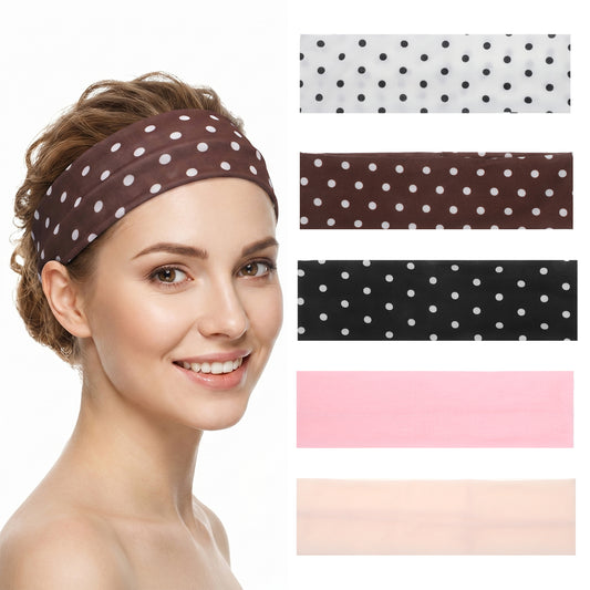 HJZHII 5Pcs Polka Dot Headband for Women, Classic Polka Dot Fabric Headband Non Slip Wide Elastic Headbands Soft Fabric Hair Bands Yoga Workout Hair Accessory for Women Yoga Workout and Daily Fashion