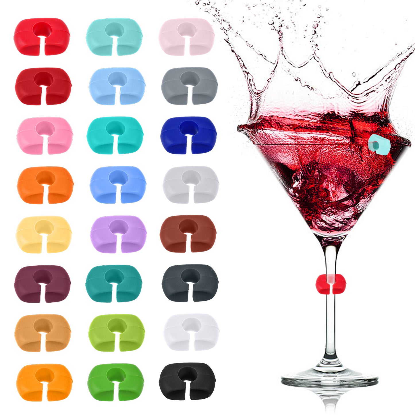 Yuanchu 24 Pcs Wine Glass Charms Markers, Silicone Wine Glass Charms Wine Charms For Stem Glasses Wine Charms for Bar Party Martinis Cocktail Champagne Stem Glasses