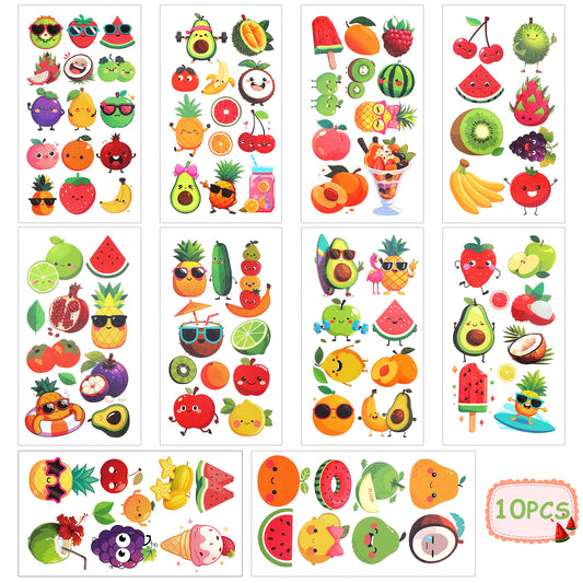 HJZHII 96PCS Summer Fruit Temporary Tattoos, 10 Sheets Cartoon Fruit Fake Safety Waterproof Tattoos Stickers Hawaiian Themed Toys Makeup Tattoo for Girls Boys Birthday Summer Party