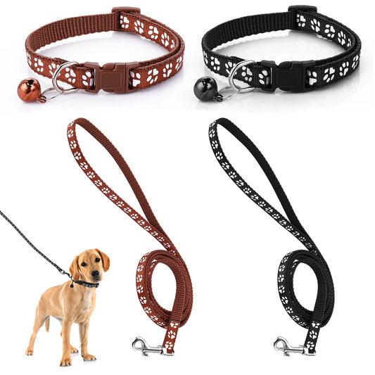HJZHII 2Pcs Dog Collar, Small Medium Dog Puppy Pet Collar Sets with Safety Buckle Design Nylon Adjustable Durable Pet Collars with Bell and 120cm Leash (Black, Coffee)