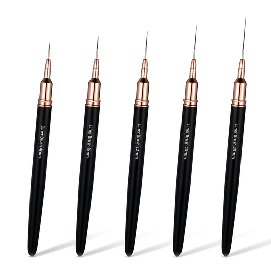 LIQWEI 5Pcs Nail Art Liner Brushes, Liner Brush For Nails Gel, Nail Art Striping Brushes, Thin Liner Nail Tools For Long Lines, Thin Details, Fine Drawing Sizes 4/8/12/20/25 mm(Black)