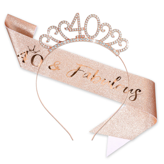 LIQWEI 40th Birthday Decorations For Women, Birthday Sash & Rhinestone Crown Kit Birthdays Party Favors, Rose Gold Party Supplies Birthdays Tiara