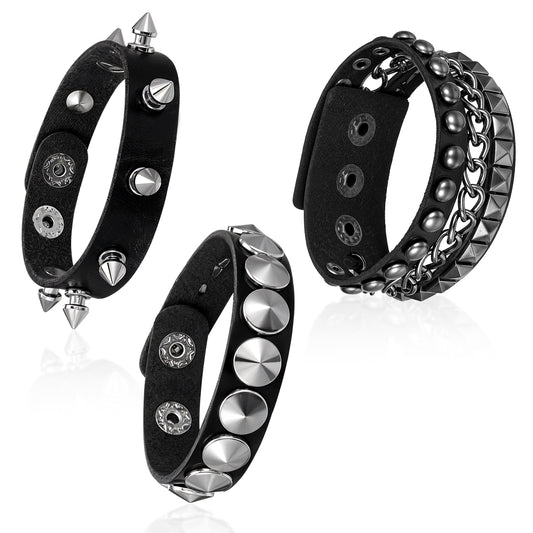 HJZHII 3PCS Leather Punk Rock Bracelets, Retro 80s Spiked Leather Cuff Bracelet Adjustable Steampunk Wristband Studded Wide Wristband for Men Women Party Accessories