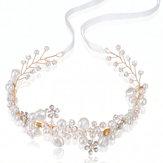 Amaxiu 1Pcs Flower Girl Hair Accessory, Flower Girl Headpiece Wedding Hair Accessories for Women Irregular Pearl Head Accessories First Communion Headpiece Pearl Headband and Flowers Crown