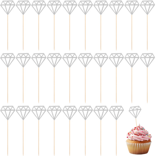 Jeffdad 50 Pack Diamond Ring Cake Toppers Glitter Diamond Wedding Ring Cupcake Picks for Wedding Engagement Anniversary Valentines Party Decorations(Silver)