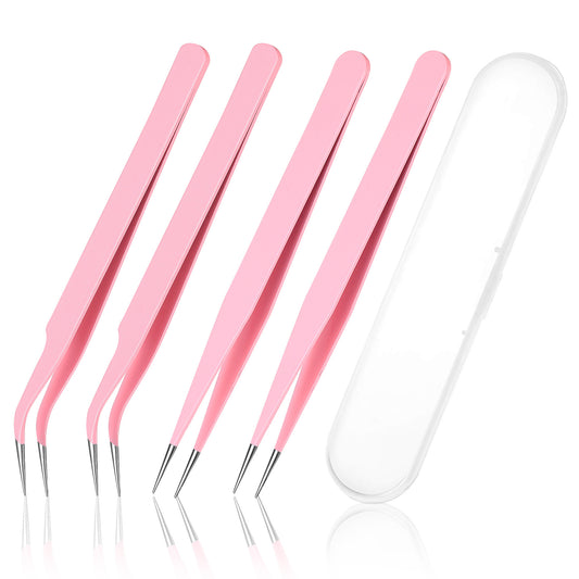HJZHII 4PCS Sticker Tweezers, Stainless Steel Multipurpose Straight and Curved Tip Tweezer Pink Craft Tweezers Kit Jewelry Making Tools for Sticker Detailed Crafting Eyelash Extensions Nail Art Electr