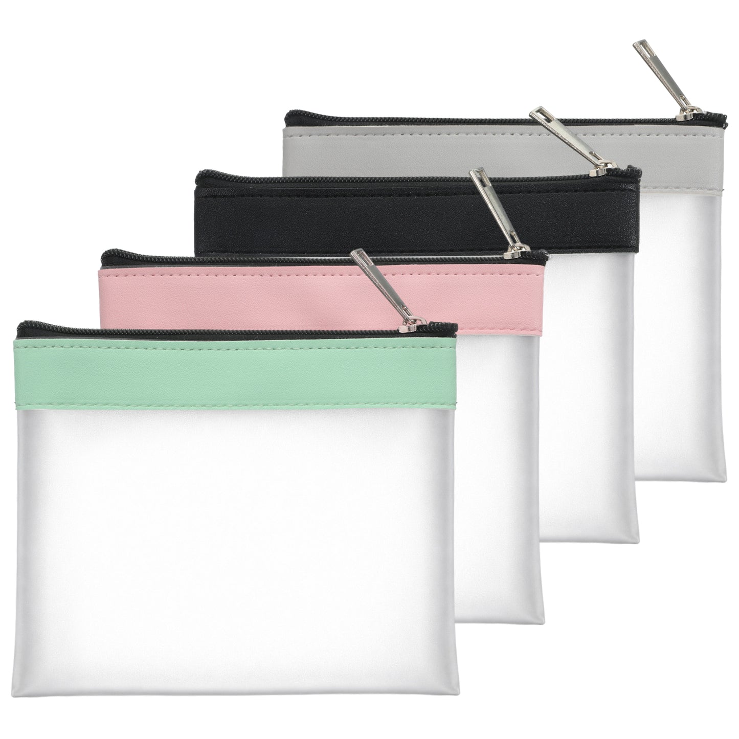 SULIKJHUI 4 Pcs Small Clear Makeup Bag for Purse, 4.9x4.5 Inch Mini Zipper Pouch with Leather Trim, Frosted Cosmetic Bag for Handbag, Backpack, Travel & Daily Use (Multicolor)