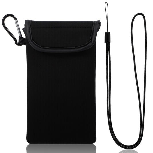 IANFAN Neoprene Phone Pouch, Universal Phone Sock Protects Black Mobile Sleeve Case with Carabinas and Neck Lanyards Straps Mobile Sleeve Bag for Camping Hiking Travelling Outdoor(7.1 x 3.94in)