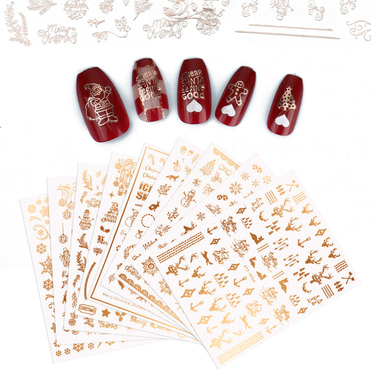 Giantree Christmas Nail Art Stickers, 9 Sheets Self-Adhesive Christmas Snowflake Nail Art Stickers Decals, Winter Holiday Xmas Snowflake Nail Supplies Nail Art Design Decoration Accessories(Rose Gold)