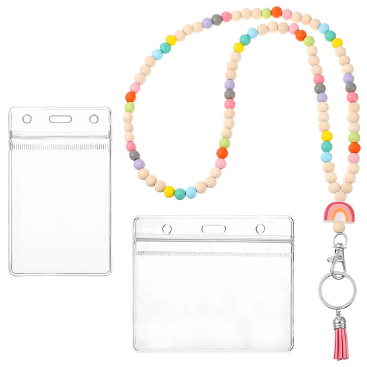 HJZHII Teacher Lanyard with ID Holder, Wooden Beaded Lanyard Retractable Lanyards Colorful Wood Beaded Personalized Lanyards String for Keys Id Badges Nurse Badge Cruise Ship Cards Keychain