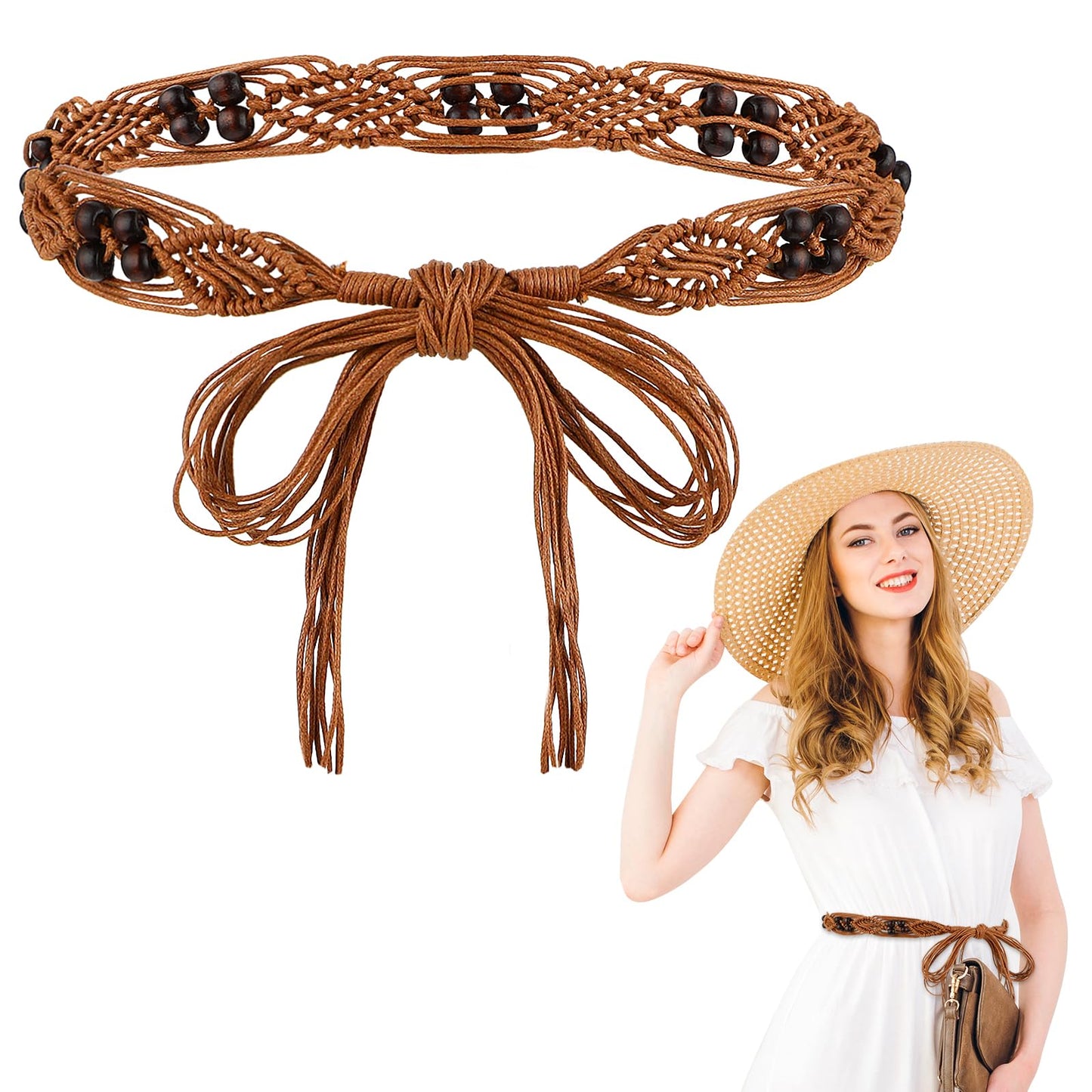 simarro Vintage Beaded Belts for Women, Knotted Rope Belt With Wooden Beads Tassel, Boho Braid Belt for Skirt Dress Pants Cross Knotted