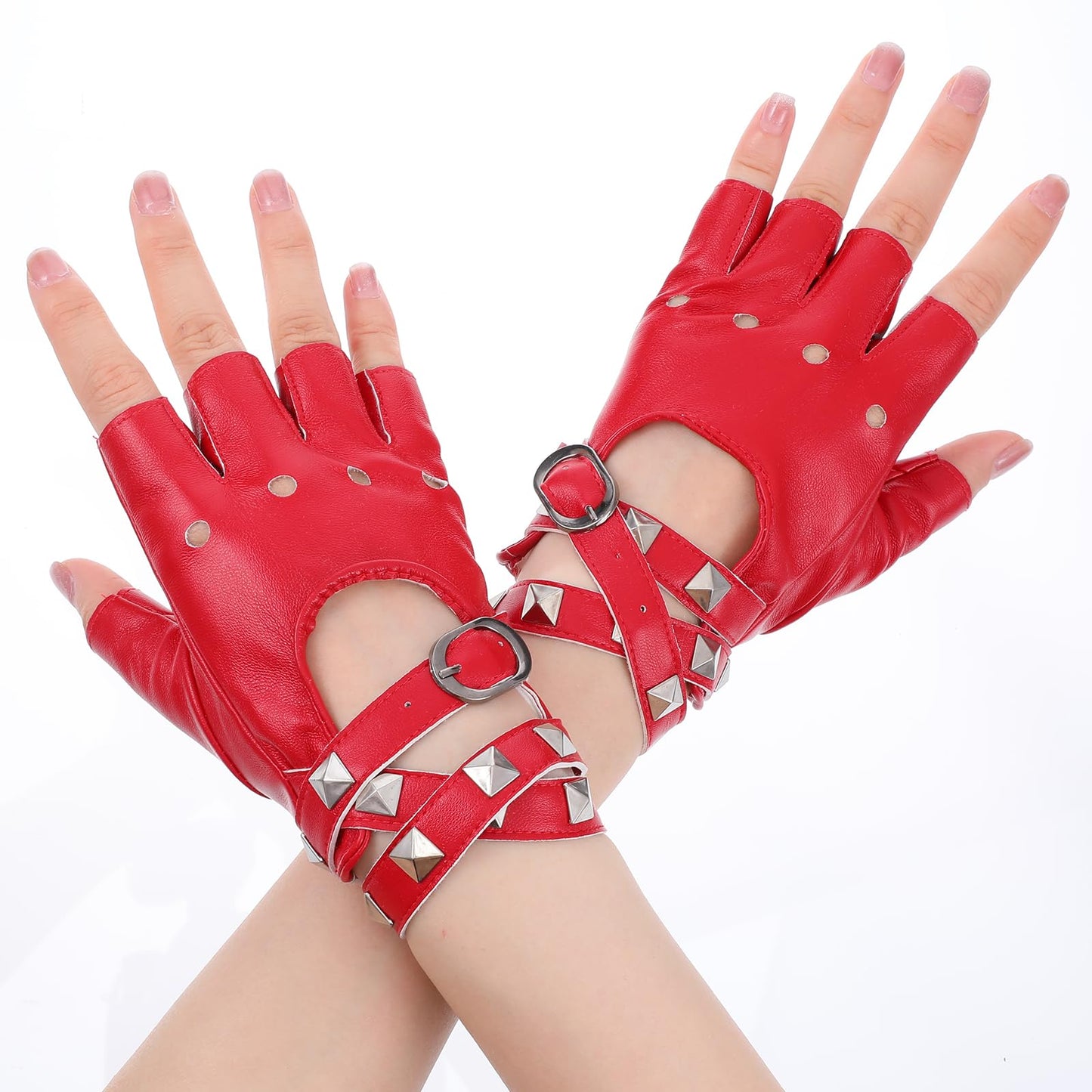 Yuanchu Fingerless Leather Gloves, Punk Gloves, Gothic Red Gloves, Engines Accessories, Women's Cosplay Clothing, Rock Festivals, Performance, Hip-Hop Dance, Party Decoration, red, 13 x 9cm / 5,12 x